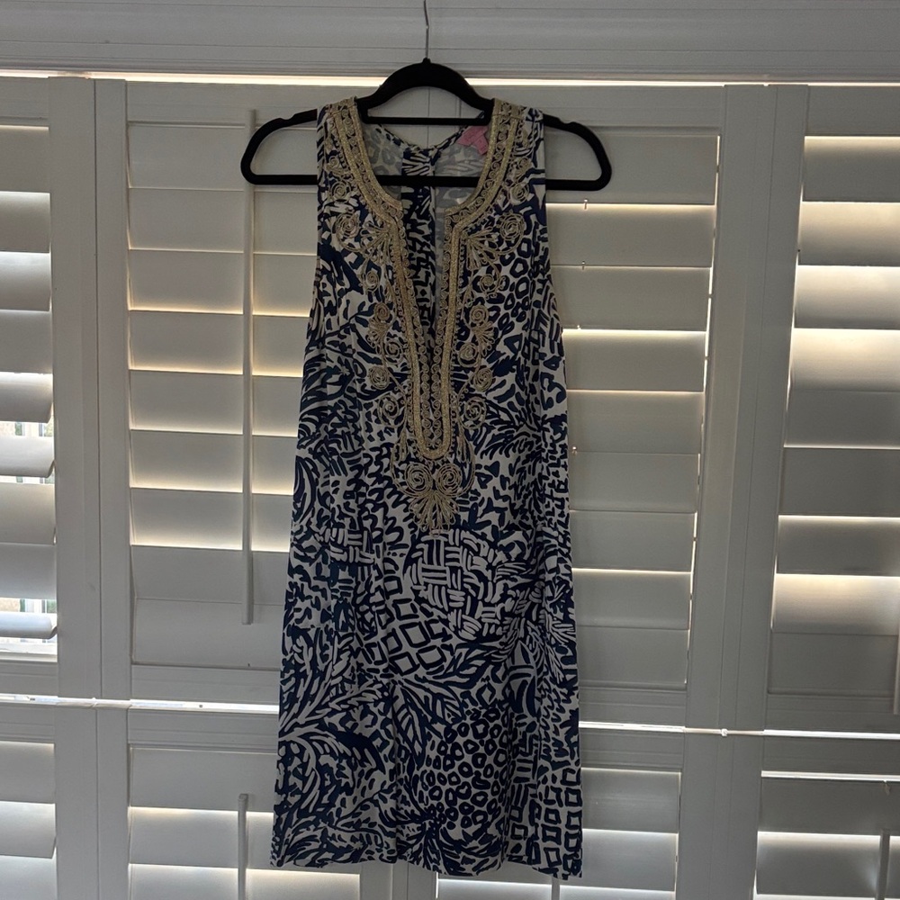 Navy & White Embroidered Sleeveless Shift Dress
